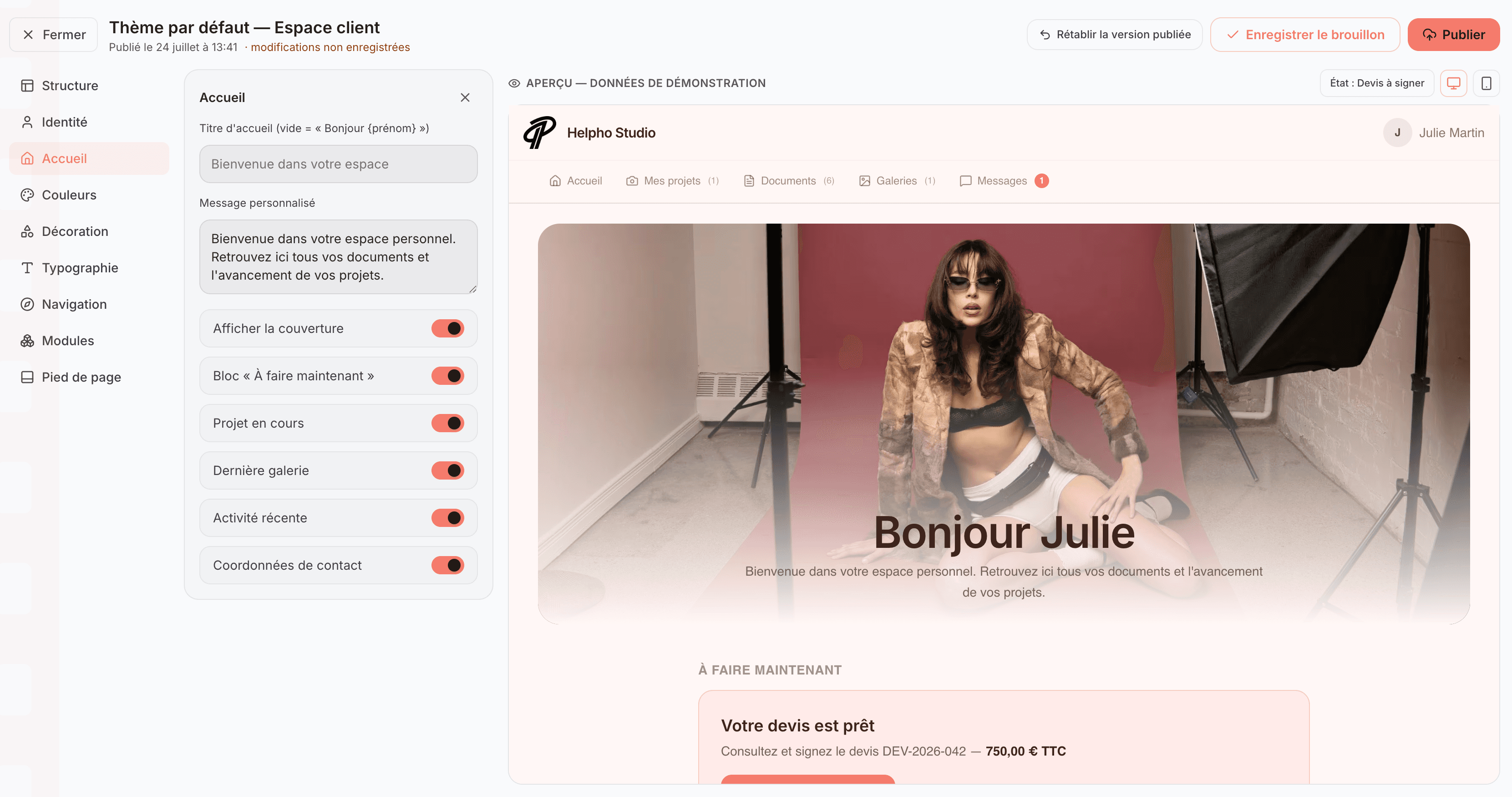 Personnalisation de l'espace client Helpho : thème, couleurs et aperçu du portail
