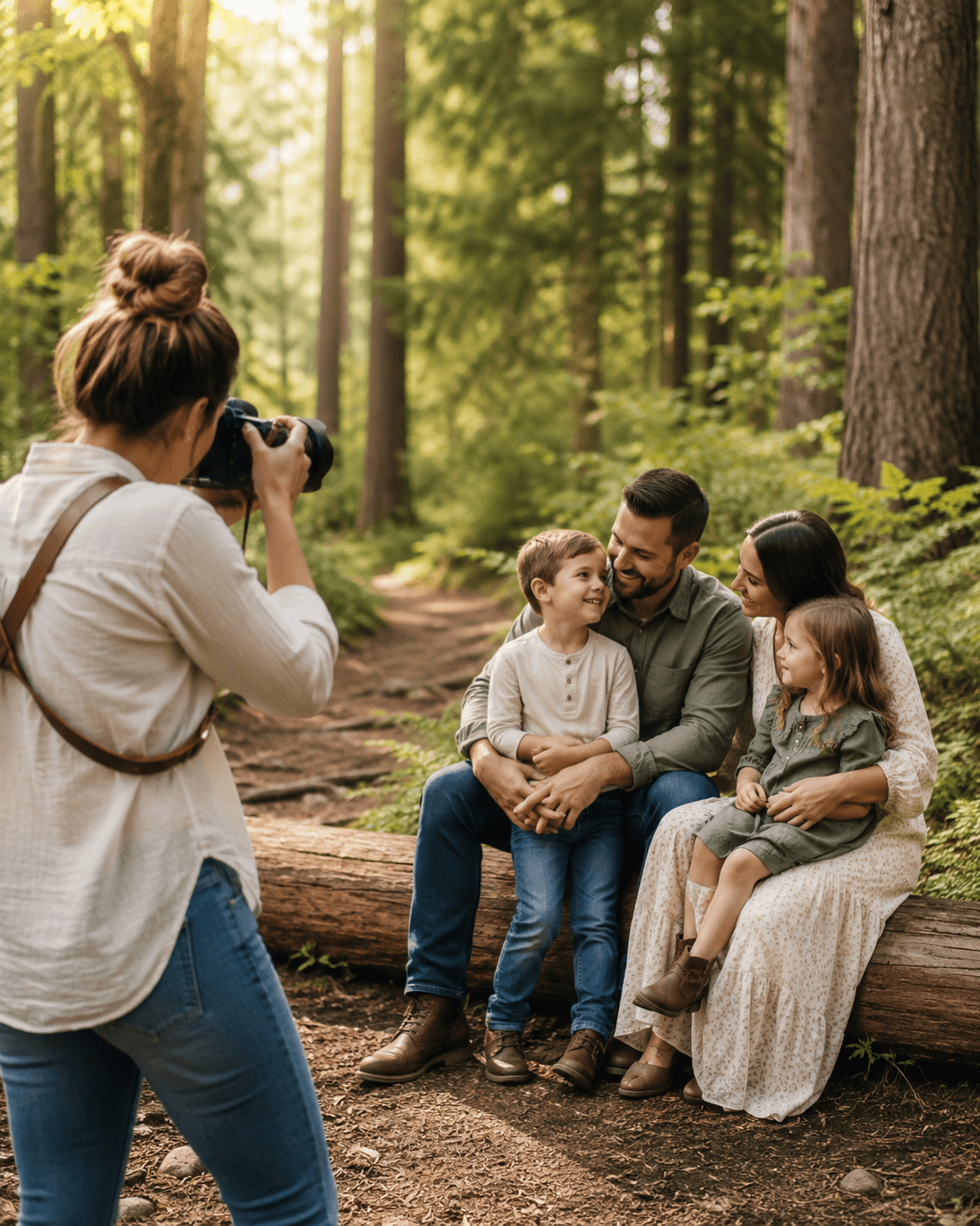 Photographe en séance famille en extérieur, parents et enfants assis sur un tronc