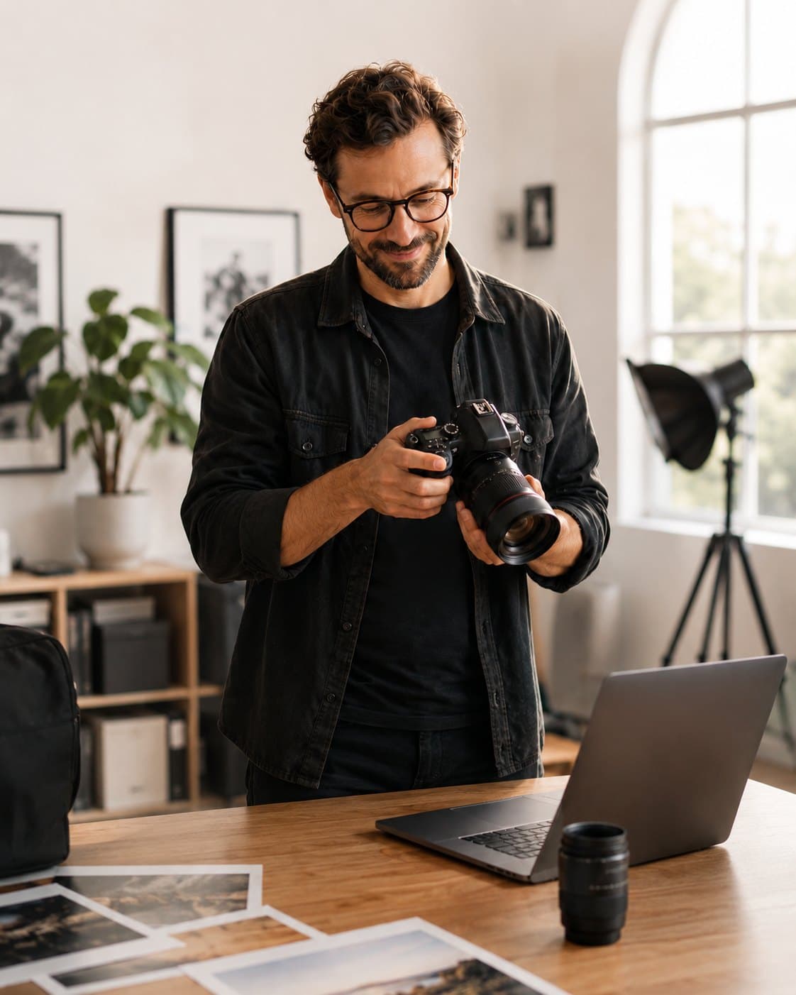 Photographe en studio, tirages et ordinateur sur le plan de travail