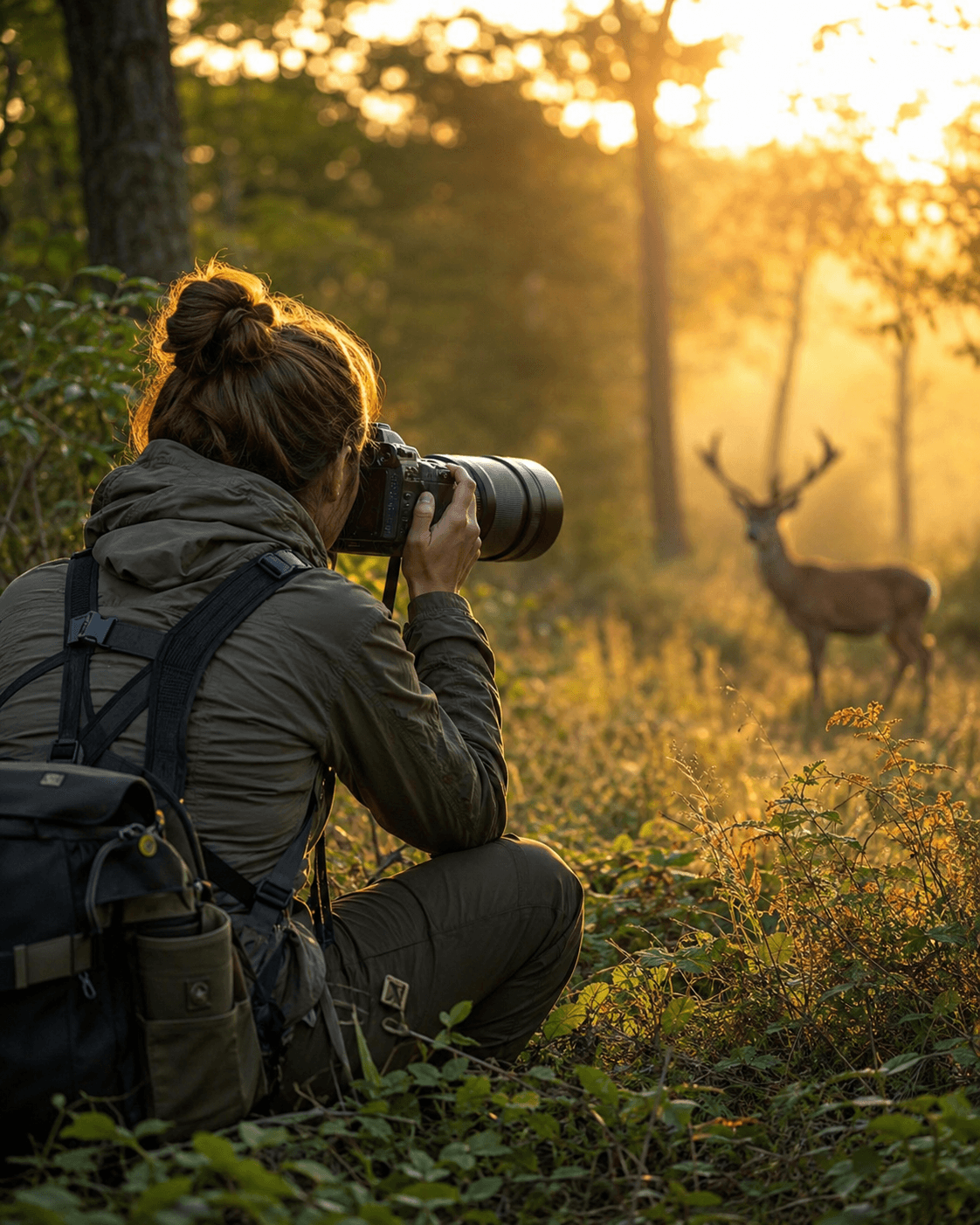 Photographe animalière à l'affût au lever du jour, cerf en arrière-plan