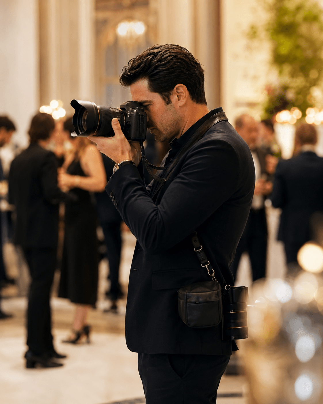 Photographe en costume couvrant une soirée d'entreprise, appareil à l'œil