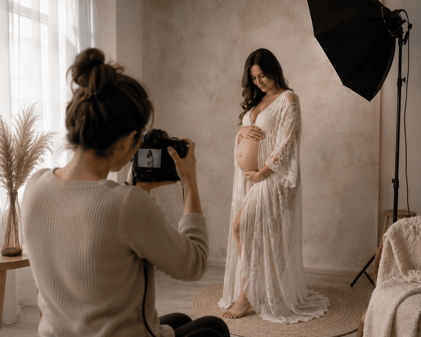 Séance grossesse en studio, photographe et future maman en lumière naturelle