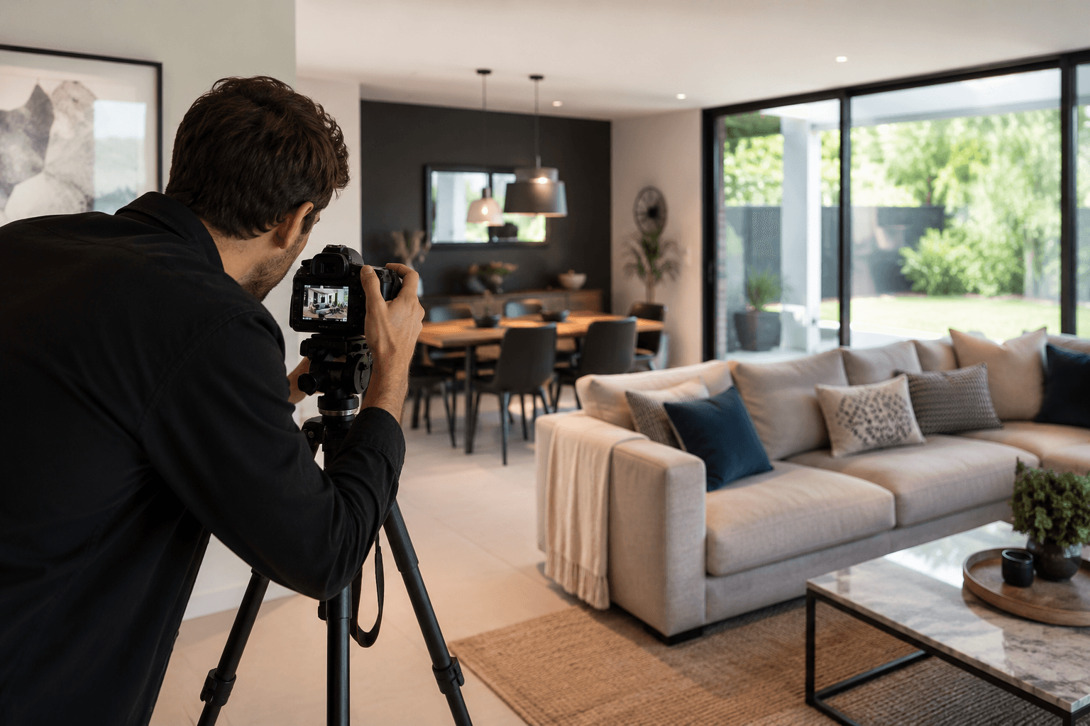 Photographe immobilier sur trépied cadrant un séjour ouvert sur le jardin