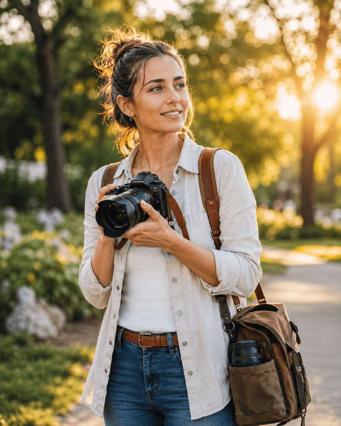 Photographe de mariage en repérage à l'heure dorée, appareil en main