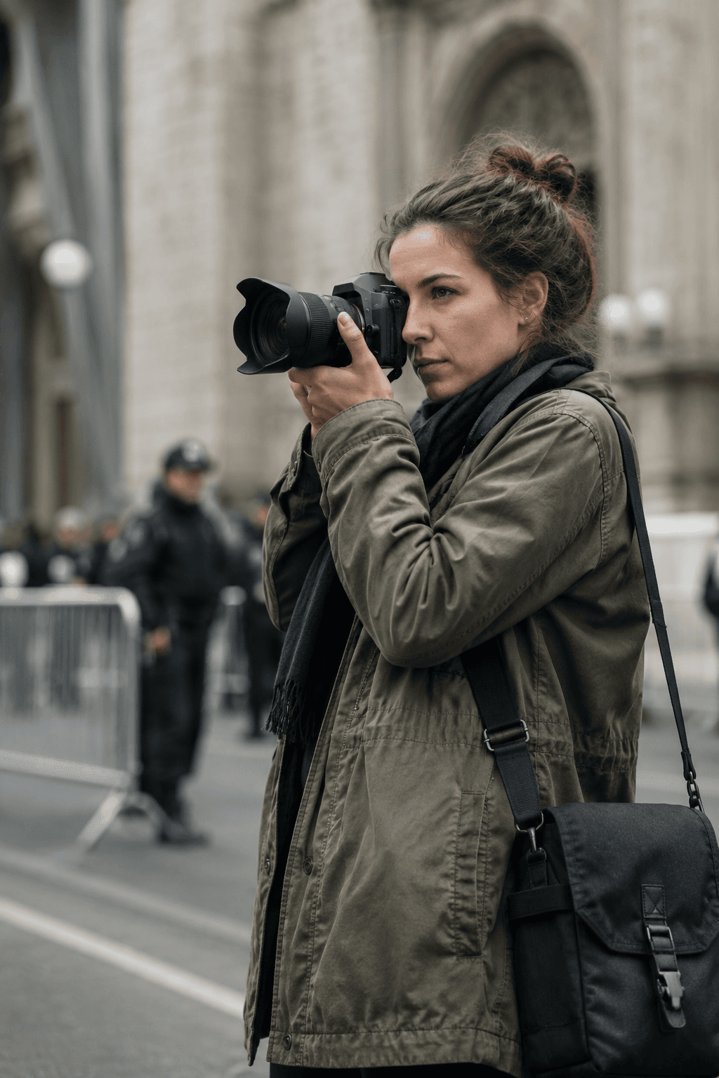 Photojournaliste couvrant un événement en extérieur, appareil à l'œil