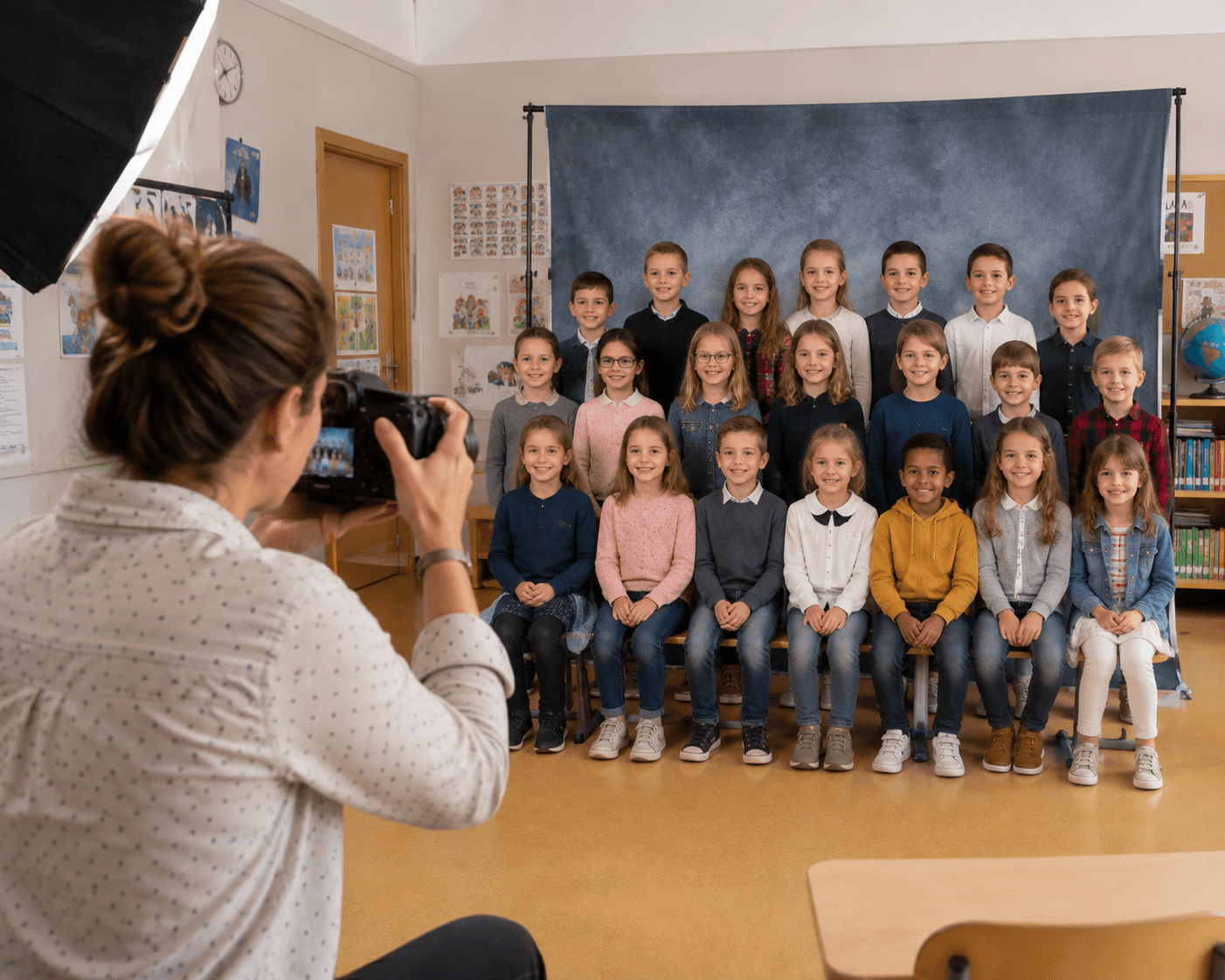 Photographe scolaire cadrant une photo de classe devant un fond installé