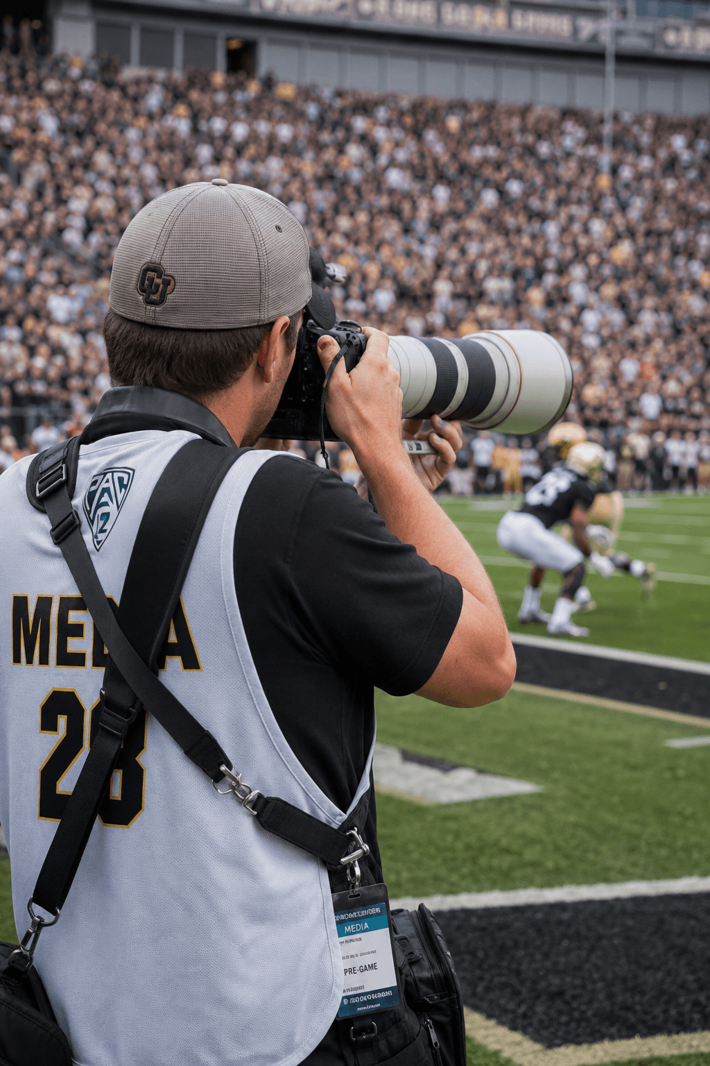 Photographe accrédité en bord de terrain, téléobjectif pointé sur l'action